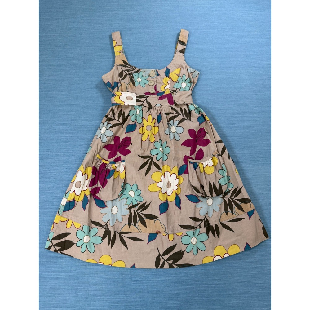Floral Cotton Sundress Womens XS Tan Yellow Teal Excellent Fit & Flare Tie Back